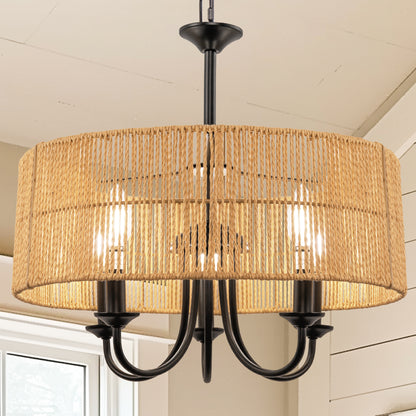 5-Light Hand Woven Rattan Pendant Light, Boho Large Farmhouse Chandelier Rattan Shade for Living Room
