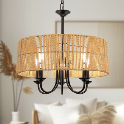 5-Light Hand Woven Rattan Pendant Light, Boho Large Farmhouse Chandelier Rattan Shade for Living Room