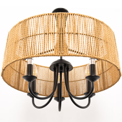 5-Light Hand Woven Rattan Pendant Light, Boho Large Farmhouse Chandelier Rattan Shade for Living Room