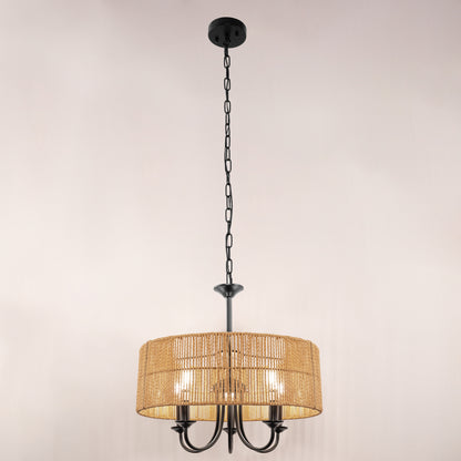 5-Light Hand Woven Rattan Pendant Light, Boho Large Farmhouse Chandelier Rattan Shade for Living Room