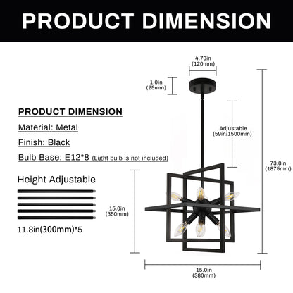 8-Light Black Modern Geometric Chandeliers, Industrial Adjustable Hanging Sputnik Pendant Light
