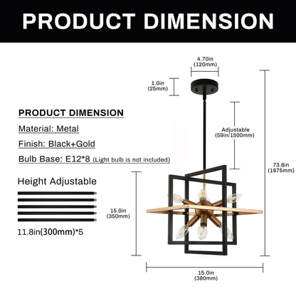 8-Light Black and Gold Modern Geometric Chandeliers, Industrial Adjustable Hanging Sputnik Pendant Light