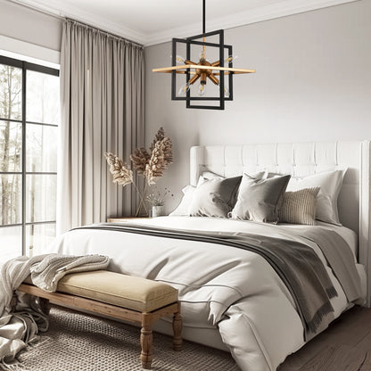 8-Light Black and Gold Modern Geometric Chandeliers, Industrial Adjustable Hanging Sputnik Pendant Light