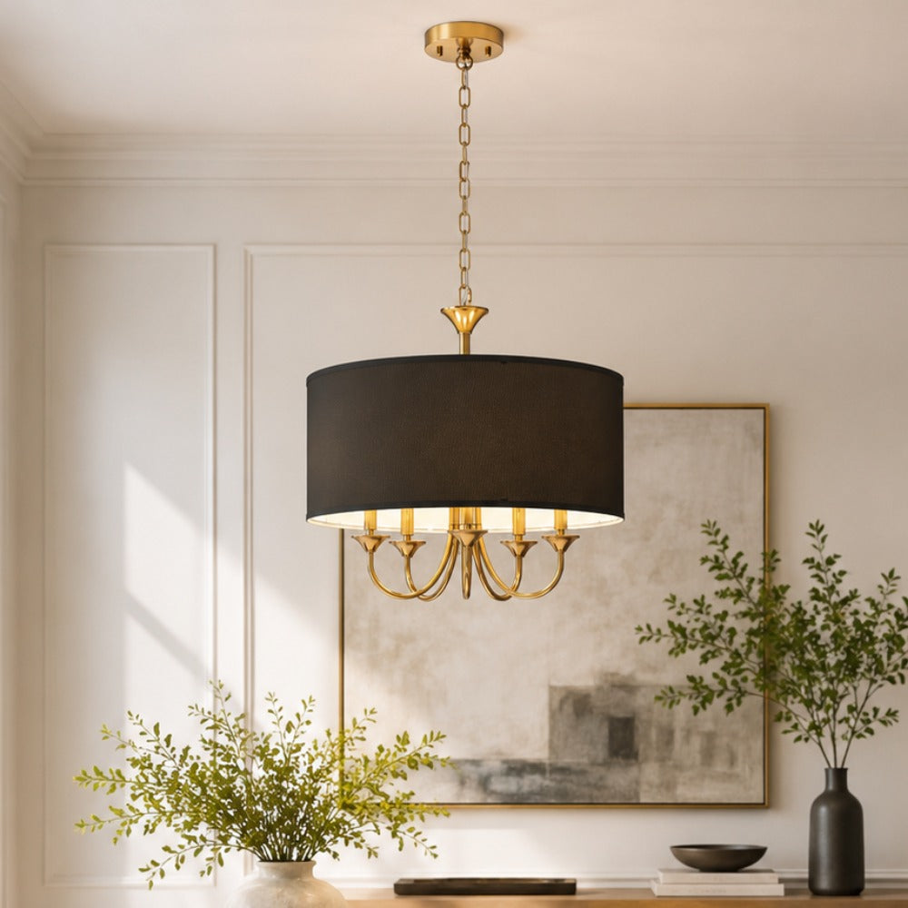 YANSUN 5-Light Gold Drum Chandelier KD Modern Branch Ceiling Light E12 Candle Fixture with Black Shades