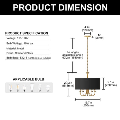 20 in. 5-Light Gold Candle Style Empire Chandelier with Black Fabric Shades for Home Lighting