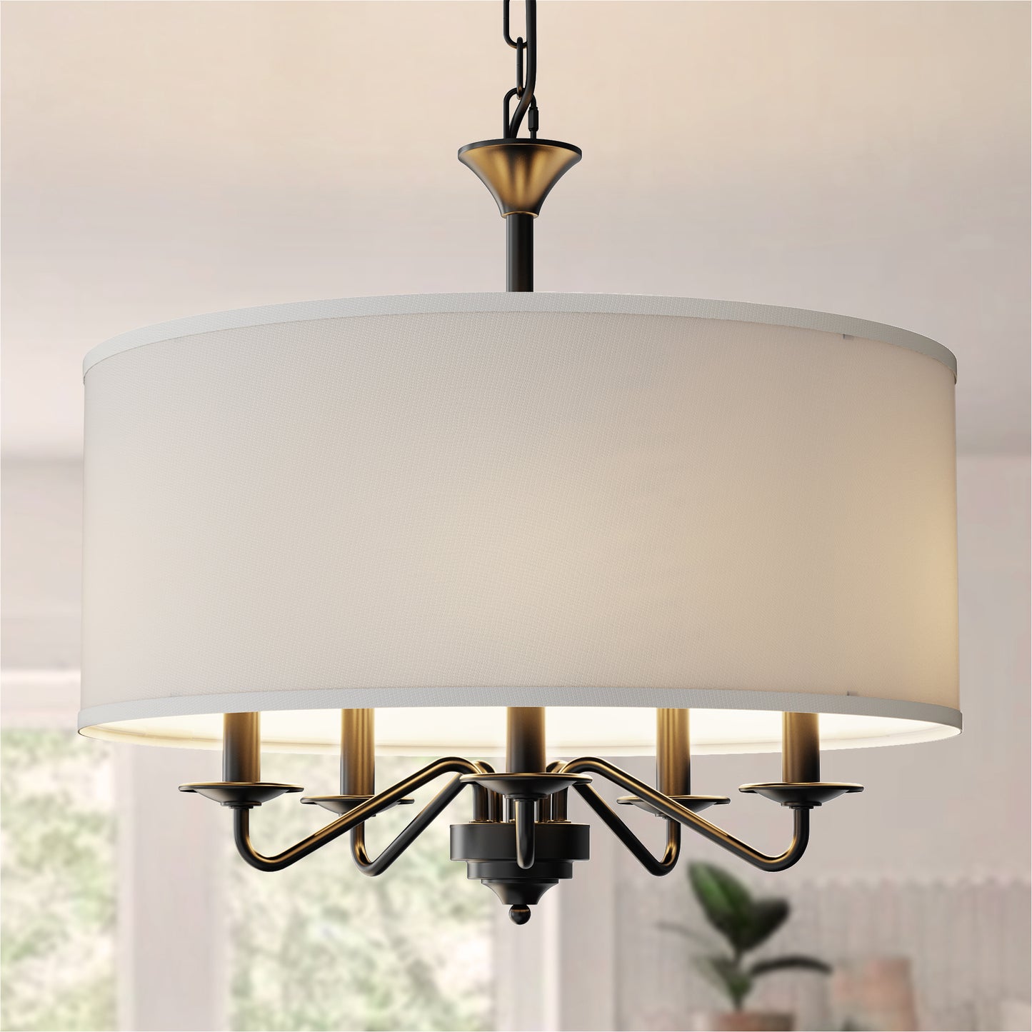 YANSUN 19.7 in. 5-Light KD-Style Chandelier, Black Modern Chandelier with White Shades, Curved Arms, E12 Socket
