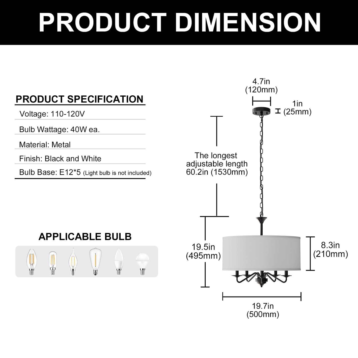 YANSUN 19.7 in. 5-Light KD-Style Chandelier, Black Modern Chandelier with White Shades, Curved Arms, E12 Socket