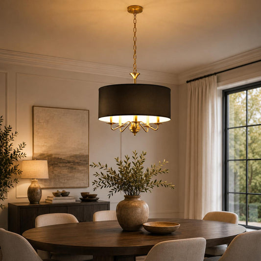 YANSUN 5-Light Gold KD Chandelier - Drum Shape with Curved Arms & Black Shades, E12 Base (Bulbs Not Included)