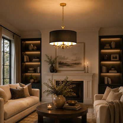 YANSUN 5-Light Gold KD Chandelier - Drum Shape with Curved Arms & Black Shades, E12 Base (Bulbs Not Included)
