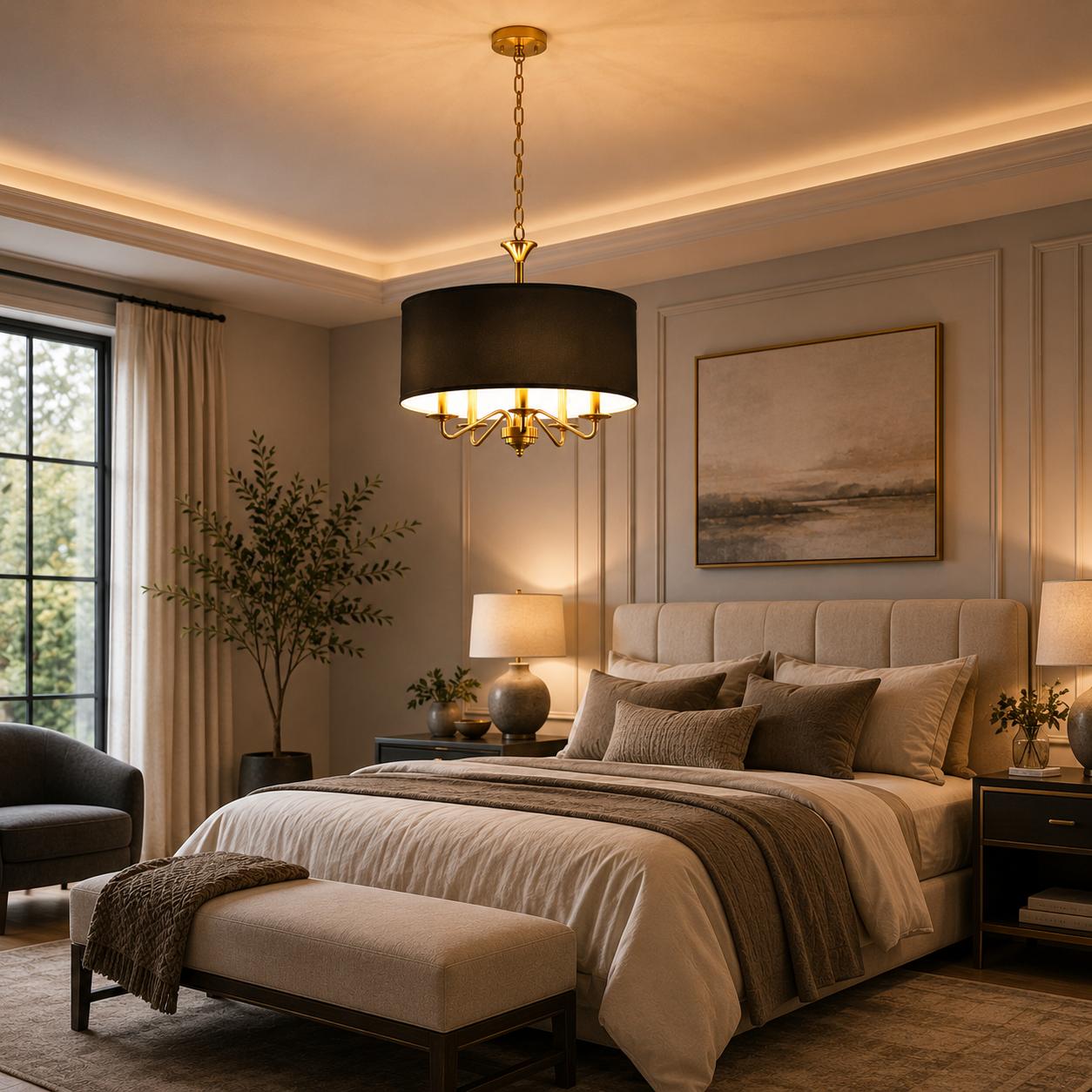 YANSUN 5-Light Gold KD Chandelier - Drum Shape with Curved Arms & Black Shades, E12 Base (Bulbs Not Included)