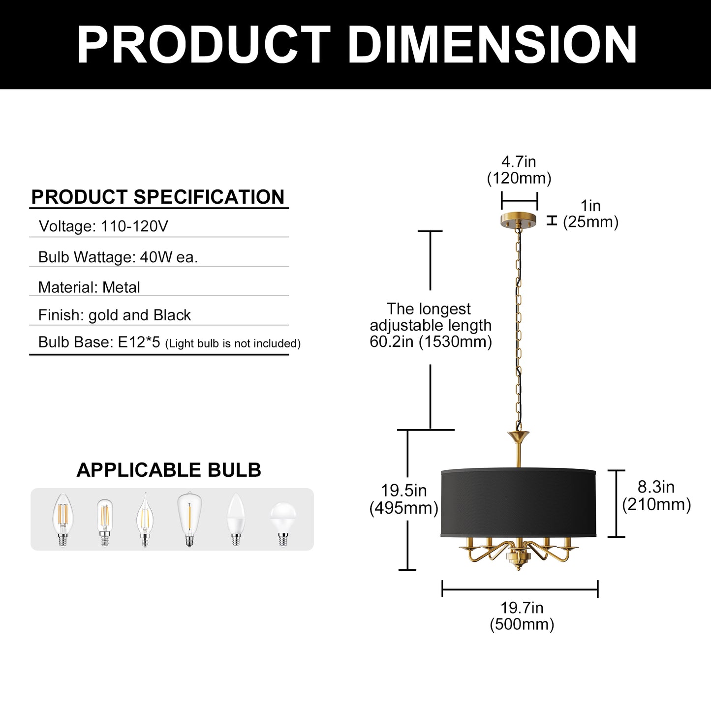 YANSUN 5-Light Gold KD Chandelier - Drum Shape with Curved Arms & Black Shades, E12 Base (Bulbs Not Included)