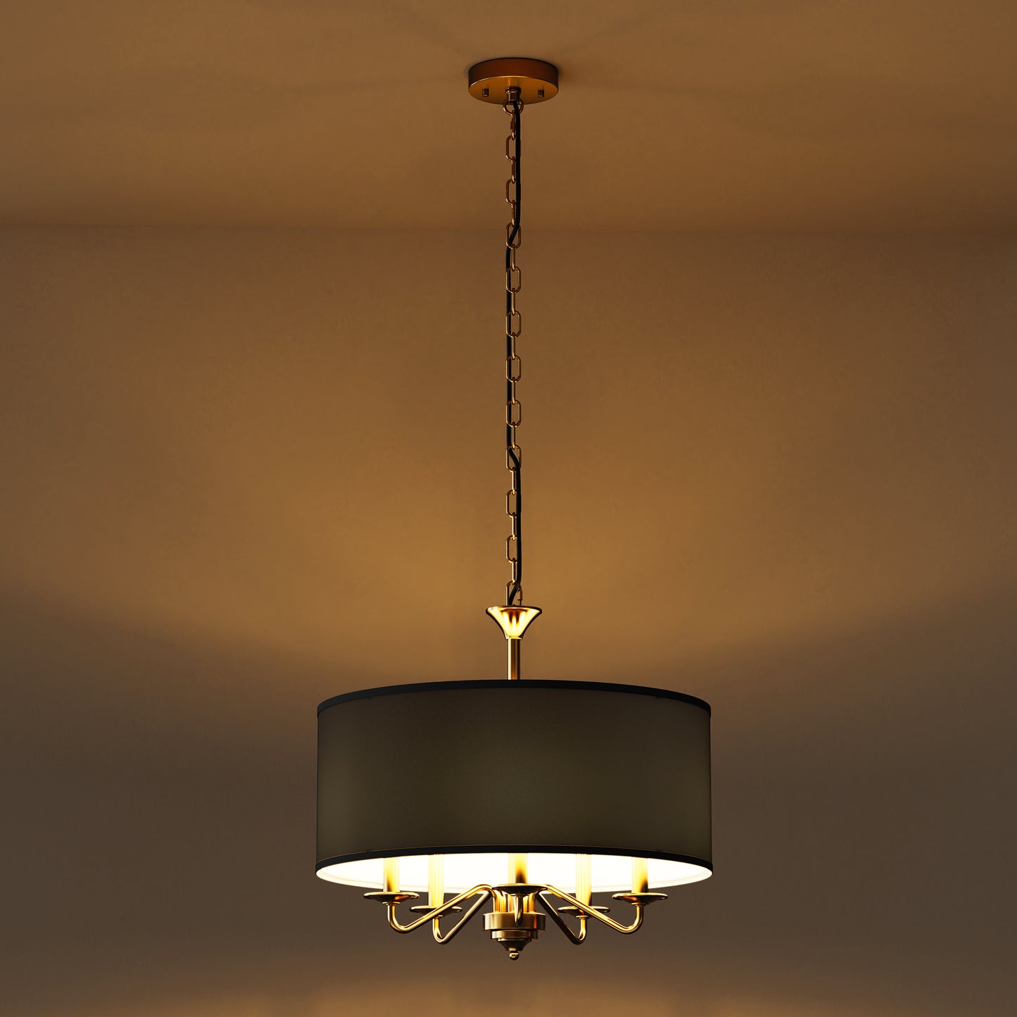 YANSUN 5-Light Gold KD Chandelier - Drum Shape with Curved Arms & Black Shades, E12 Base (Bulbs Not Included)