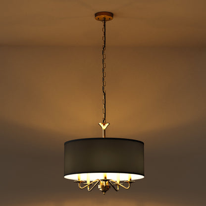 YANSUN 5-Light Gold KD Chandelier - Drum Shape with Curved Arms & Black Shades, E12 Base (Bulbs Not Included)