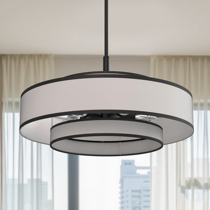 YANSUN 3-Tier 5-Head Matte Black KD Chandelier - Velcro Fabric Shades & Diffuser, 19.7in for Dining Room, E12 Socket