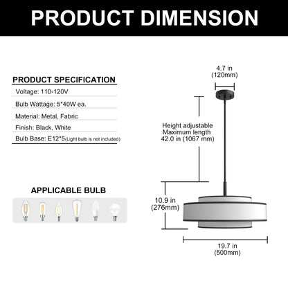 YANSUN 3-Tier 5-Head Matte Black KD Chandelier - Velcro Fabric Shades & Diffuser, 19.7in for Dining Room, E12 Socket