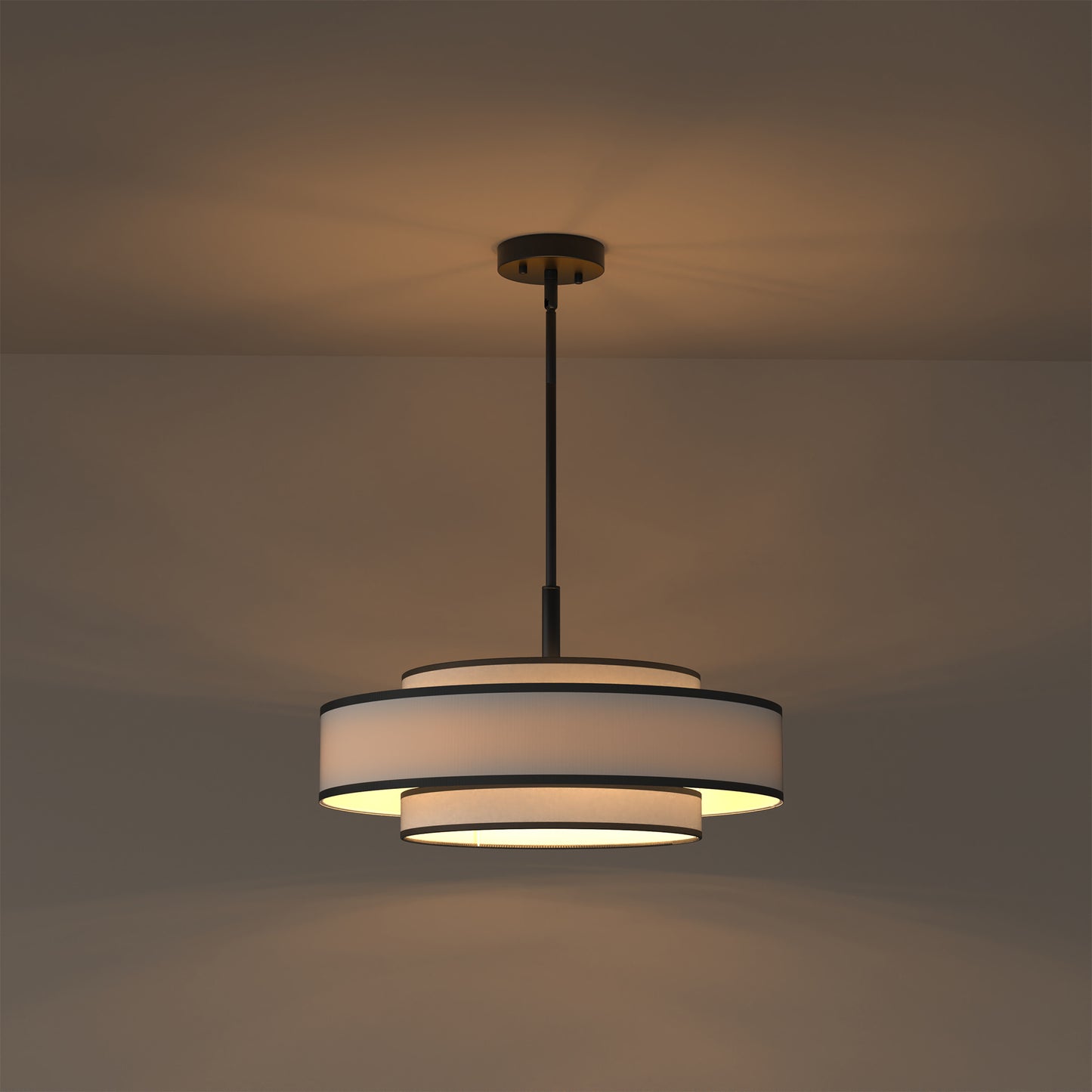 5-Light Farmhouse 3-Tier Matte Black KD Pendant Light Chandelier with Black Frame and White TC Fabric Shades, E12 Base