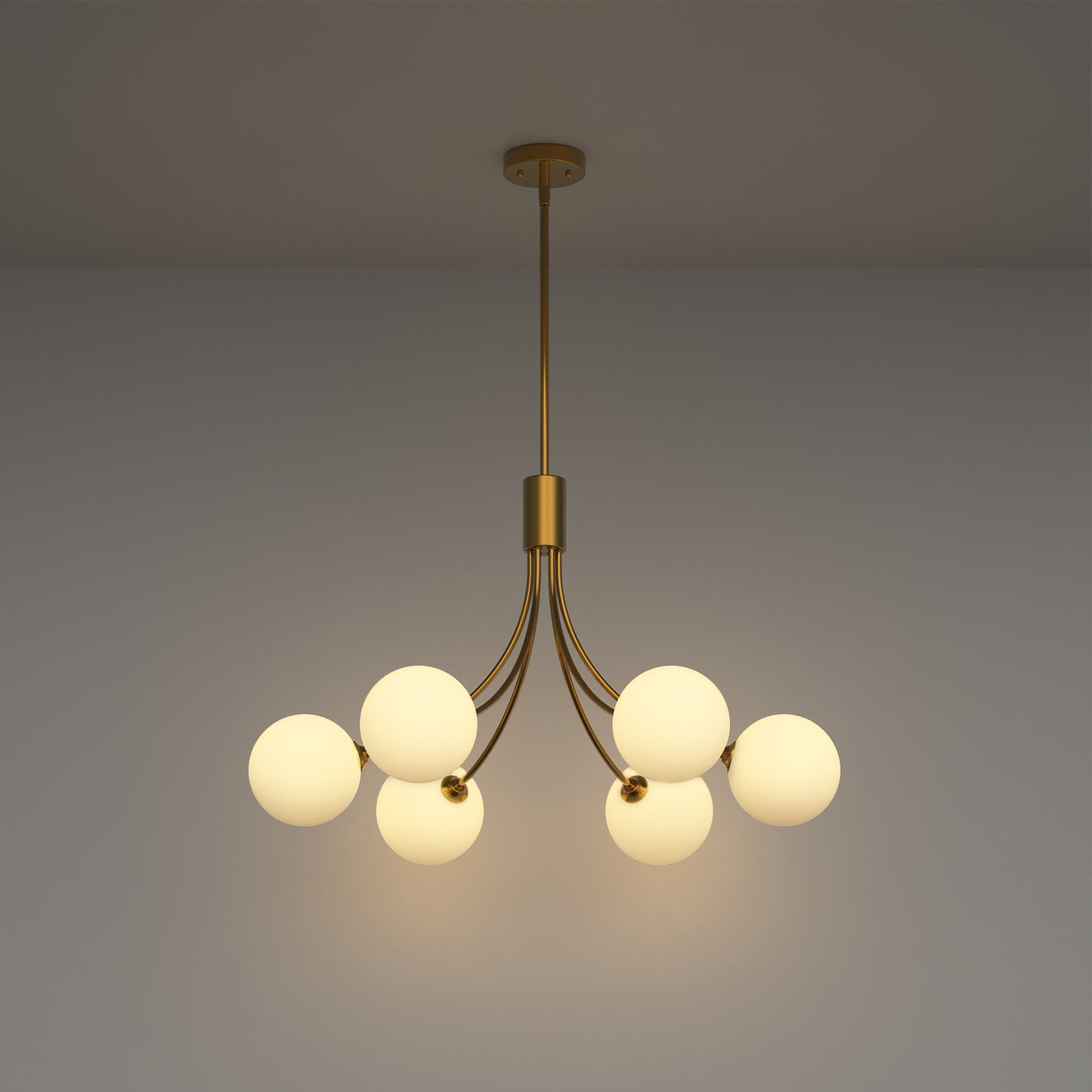 YANSUN 6-Light Chandelier, Traditional Branch Style, 150mm Milk White Glass Spheres, Metal & Glass Construction, G9 Socket, Brass Finish, 110V
