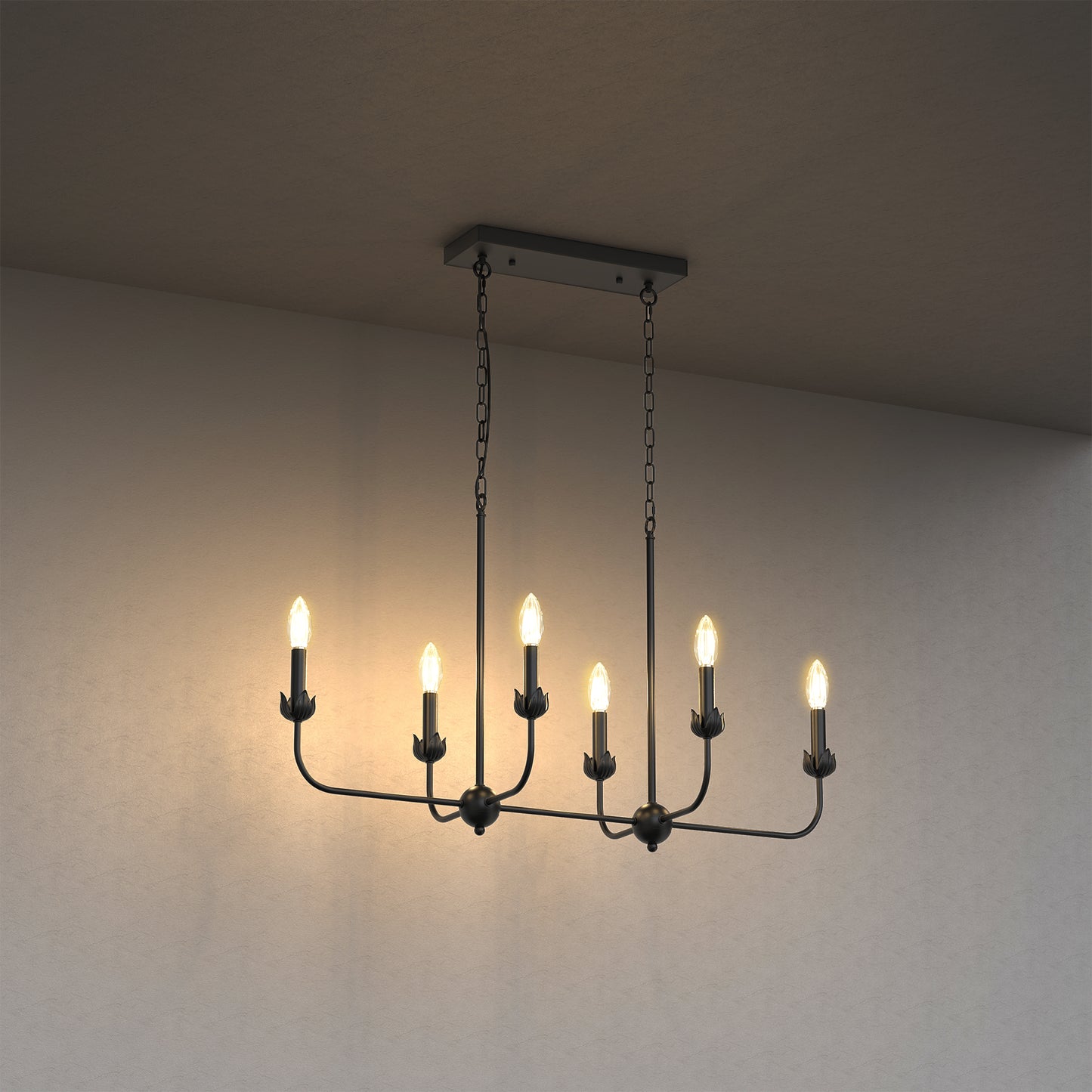 YANSUN 6-Light Chandelier, Black Finish, Non-Integrated Light Source, E12 Socket, Adjustable Rods & Chain, No Bulbs Included