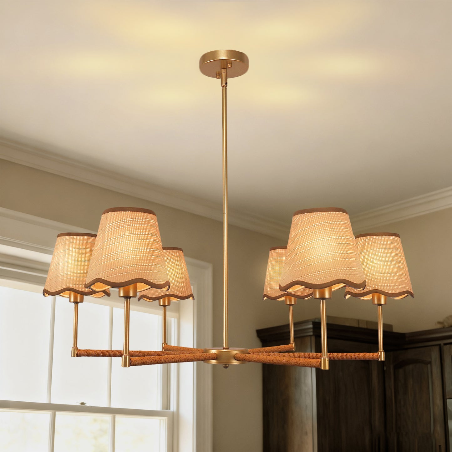 YANSUN 6-Light Woven Shade Chandelier with Metal Frame, Champagne Gold Finish, E12 Bulbs Not Included