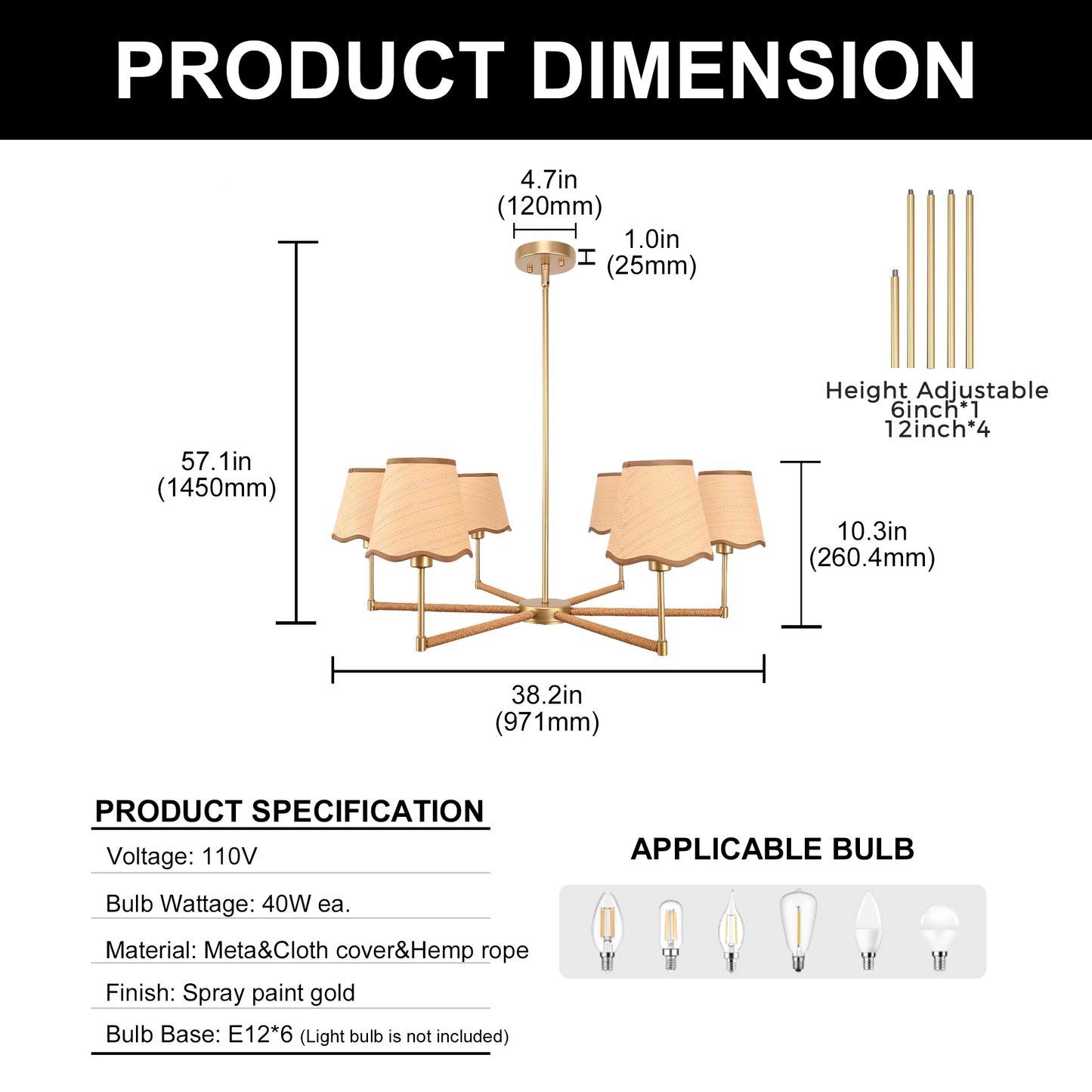 YANSUN 6-Light Woven Shade Chandelier with Metal Frame, Champagne Gold Finish, E12 Bulbs Not Included