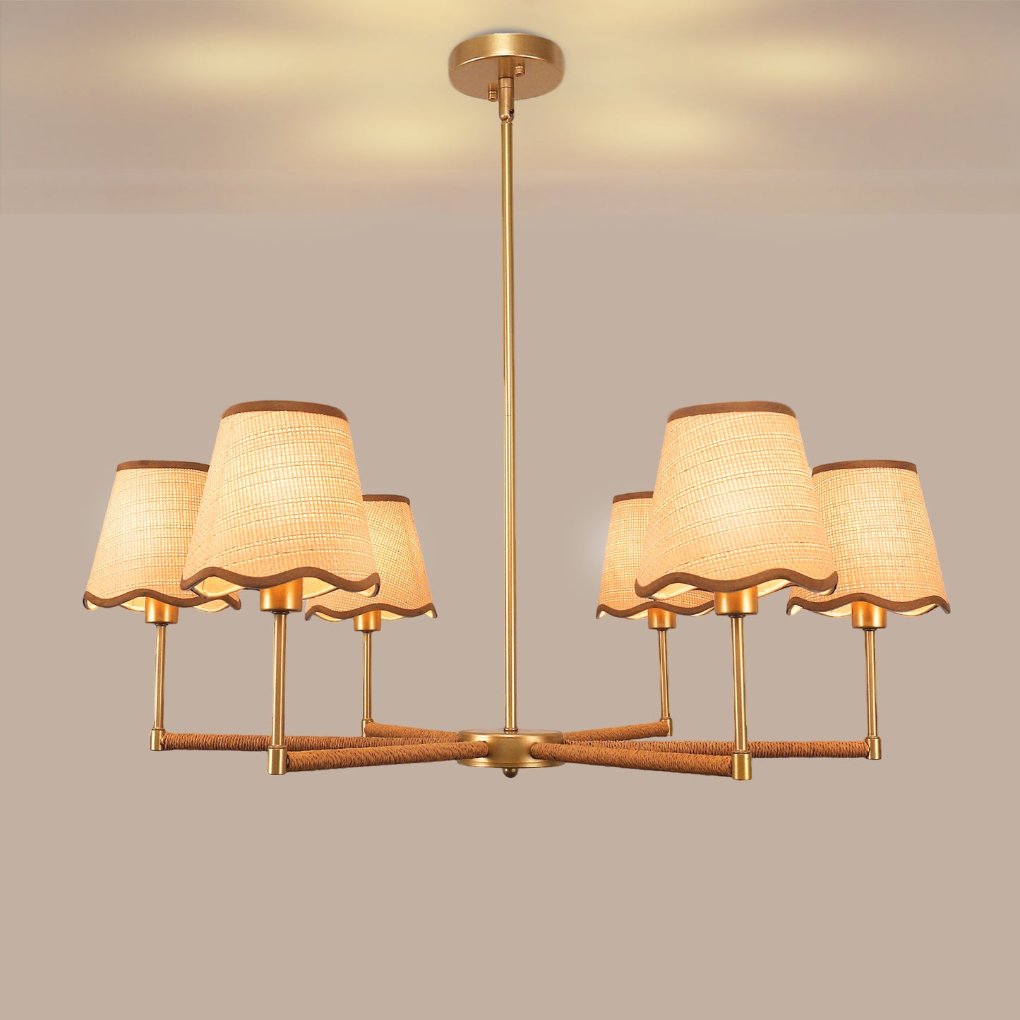 YANSUN 6-Light Woven Shade Chandelier with Metal Frame, Champagne Gold Finish, E12 Bulbs Not Included