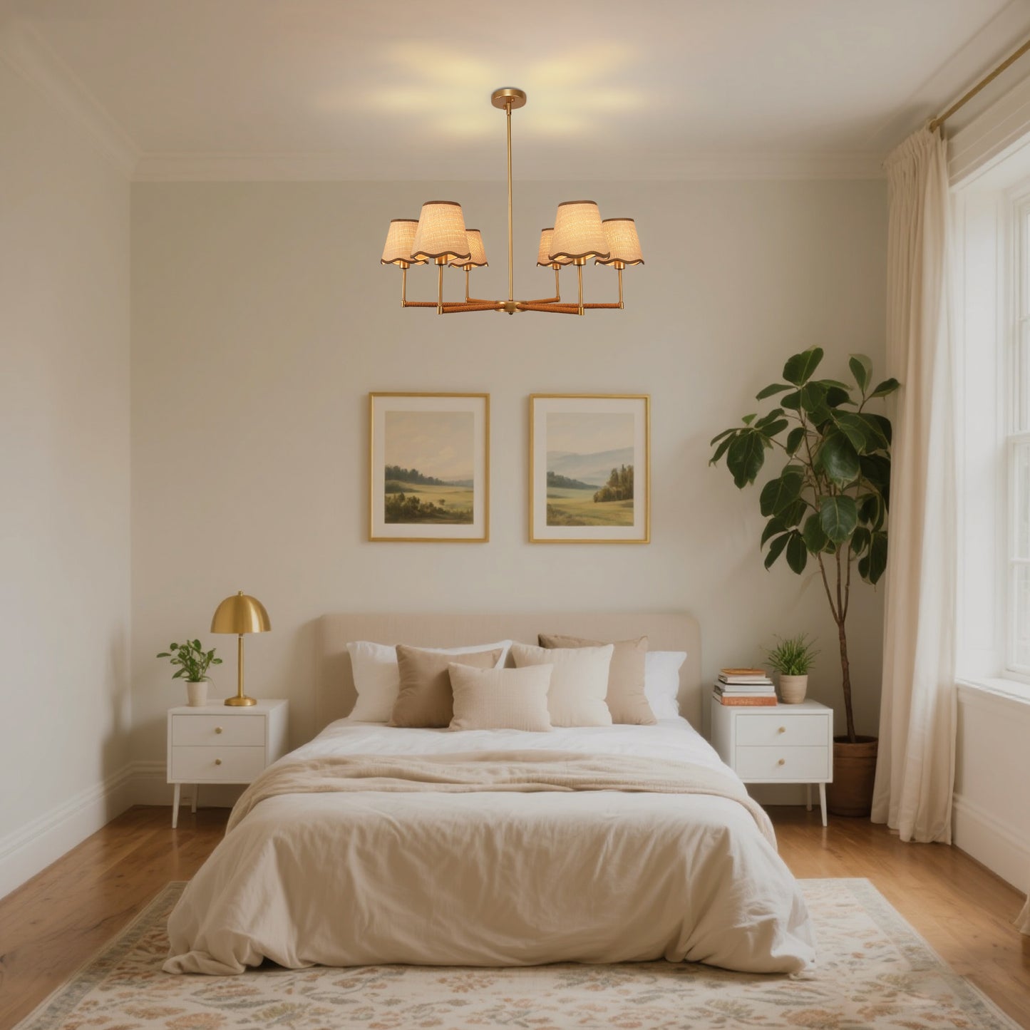 YANSUN 6-Light Woven Shade Chandelier with Metal Frame, Champagne Gold Finish, E12 Bulbs Not Included