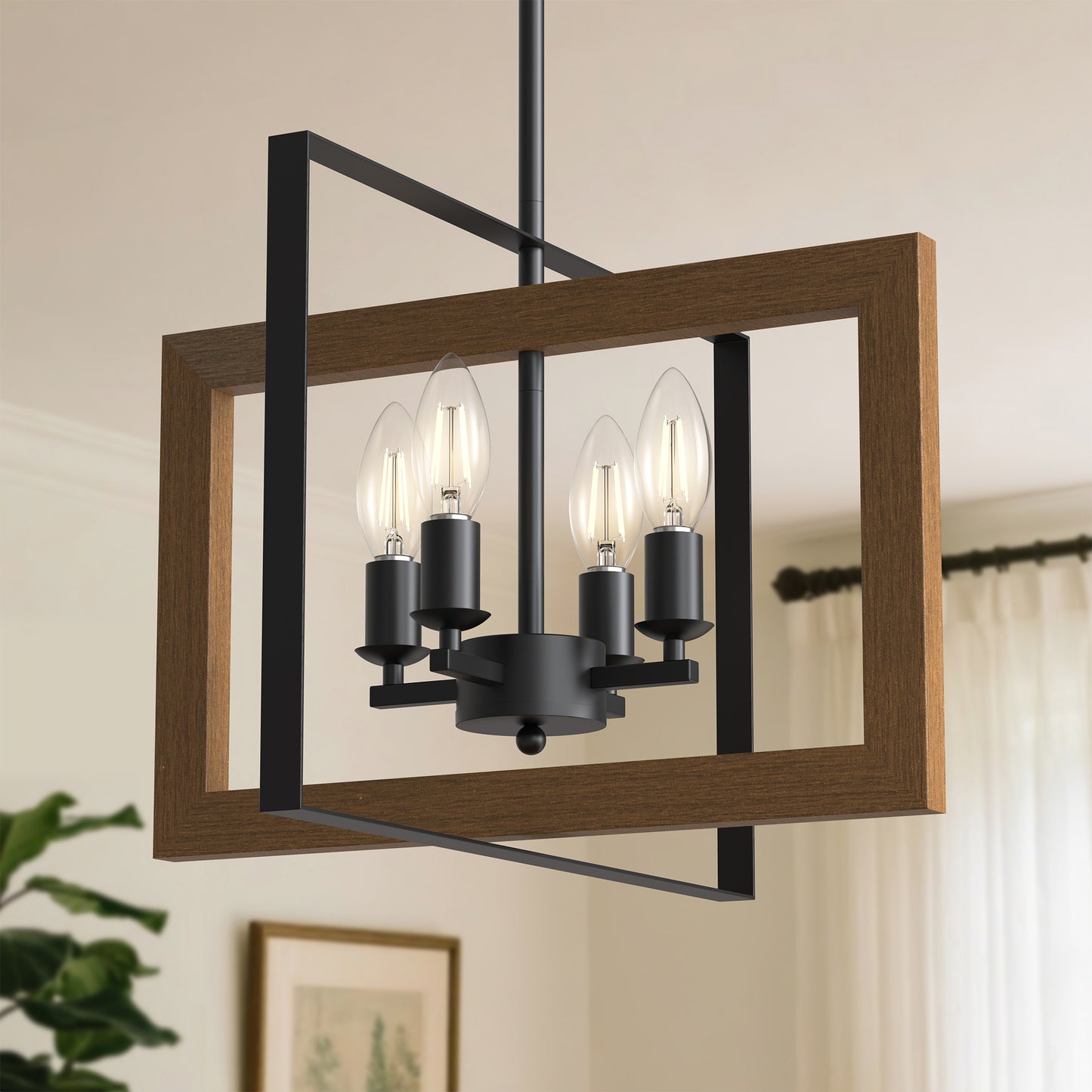 YANSUN 4-Light Rectangular Chandelier with Metal and Wood Frames, Black Matte Finish, E12 Bulbs Not Included