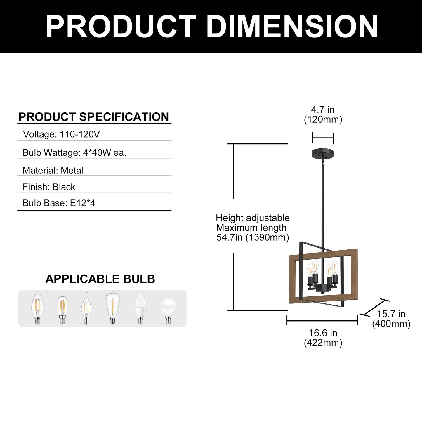 YANSUN 4-Light Rectangular Chandelier with Metal and Wood Frames, Black Matte Finish, E12 Bulbs Not Included