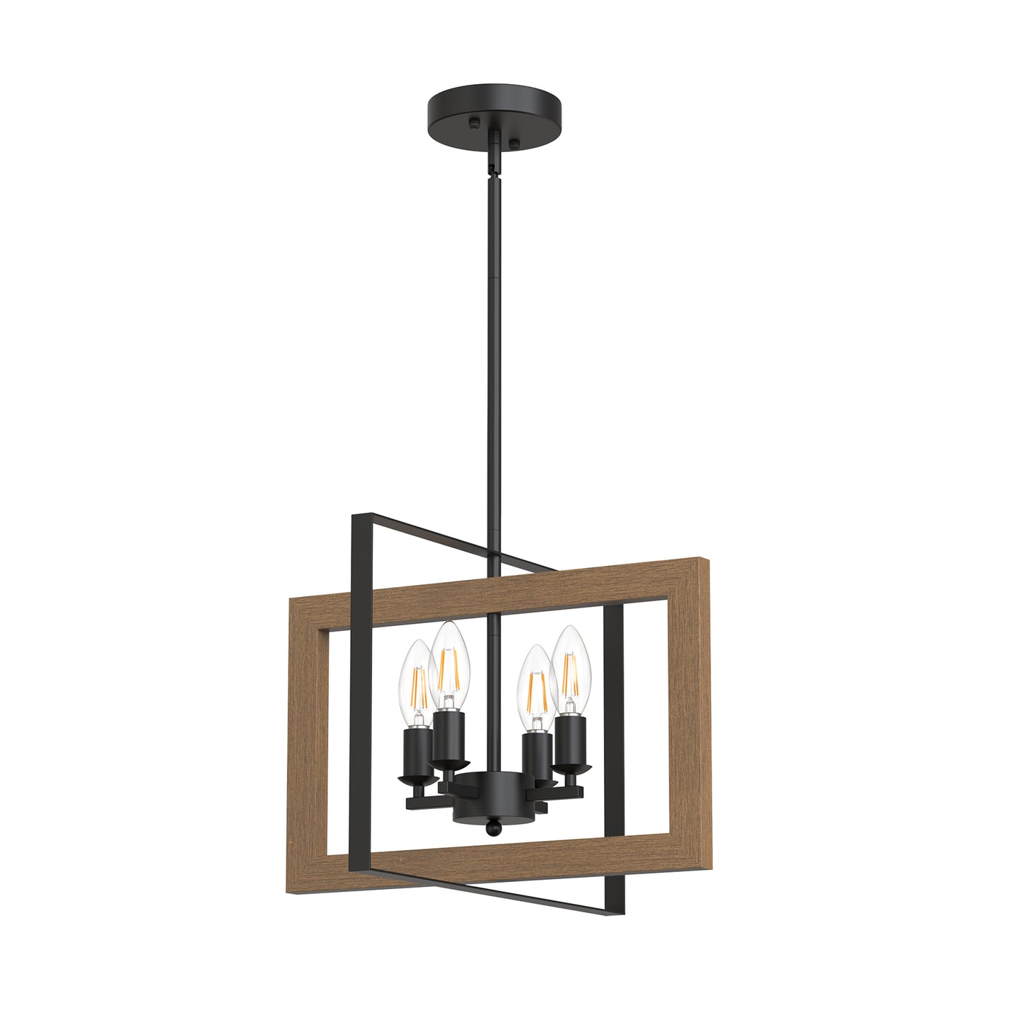 YANSUN 4-Light Rectangular Chandelier with Metal and Wood Frames, Black Matte Finish, E12 Bulbs Not Included
