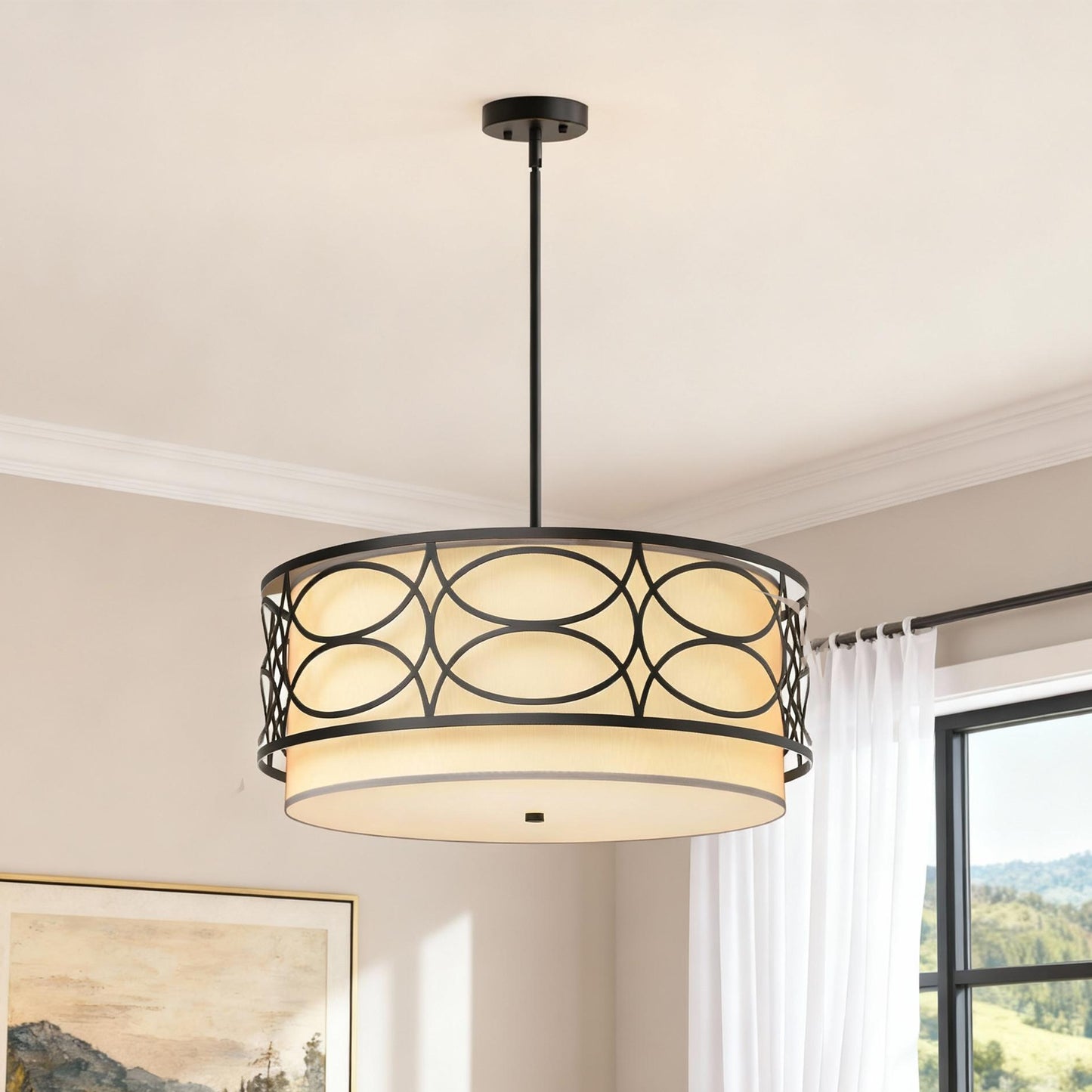 YANSUN 4-Light Drum Shade Chandelier with Circular Cutout Design, Matte Black Finish, E26 Bulbs Not Included