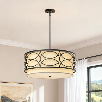 YANSUN 4-Light Drum Shade Chandelier with Circular Cutout Design, Matte Black Finish, E26 Bulbs Not Included