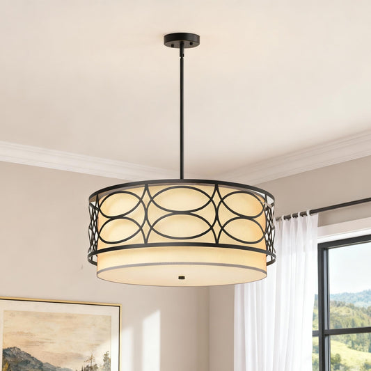 YANSUN 4-Light Drum Shade Chandelier with Circular Cutout Design, Matte Black Finish, E26 Bulbs Not Included