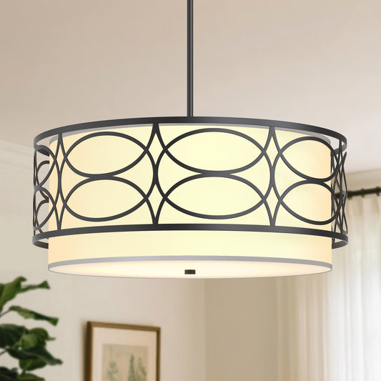 YANSUN 4-Light Drum Shade Chandelier with Circular Cutout Design, Matte Black Finish, E26 Bulbs Not Included