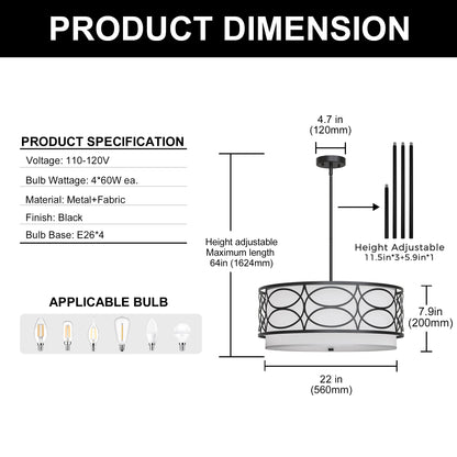 YANSUN 4-Light Drum Shade Chandelier with Circular Cutout Design, Matte Black Finish, E26 Bulbs Not Included