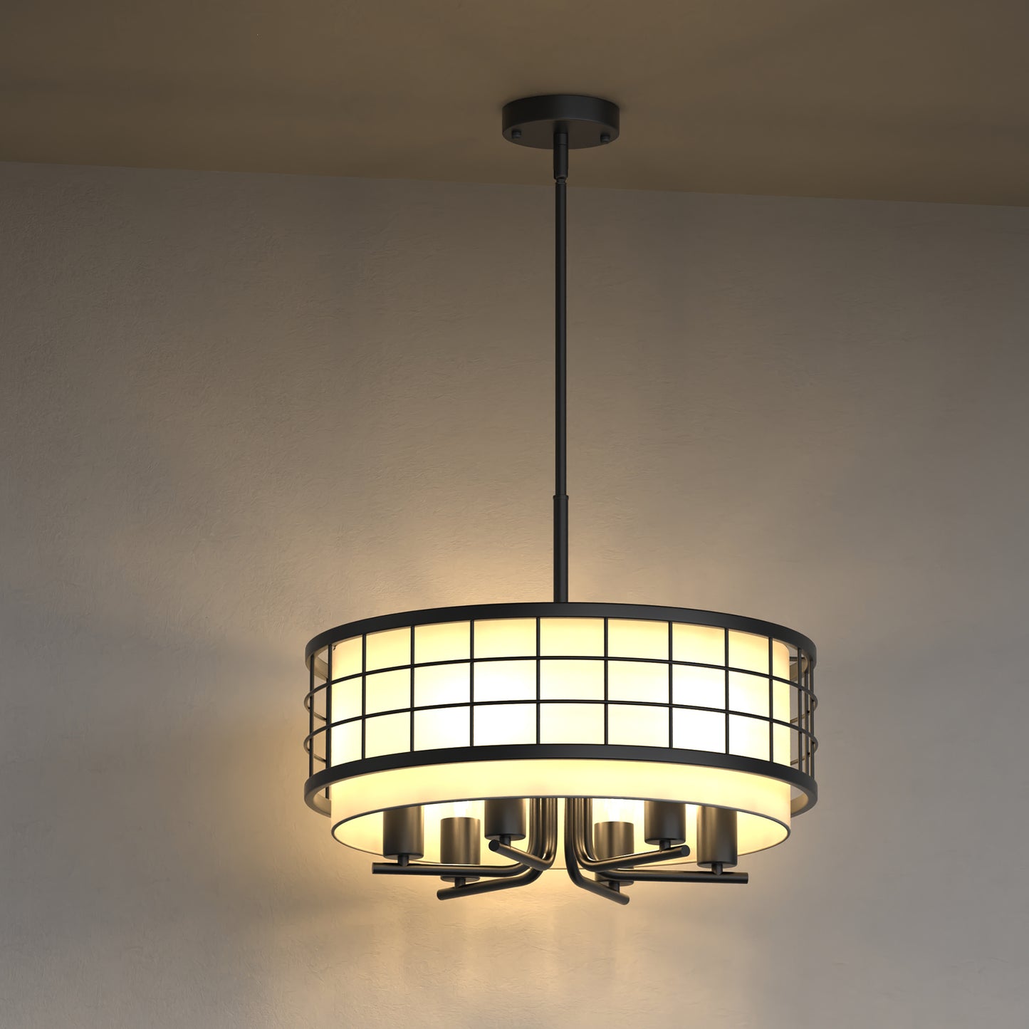 YANSUN 19. 7 in. 6-Light Black Drum Chandelier with Linen Fabric Shade, Traditional Hanging Fixture with E26 Base bulb Excluded