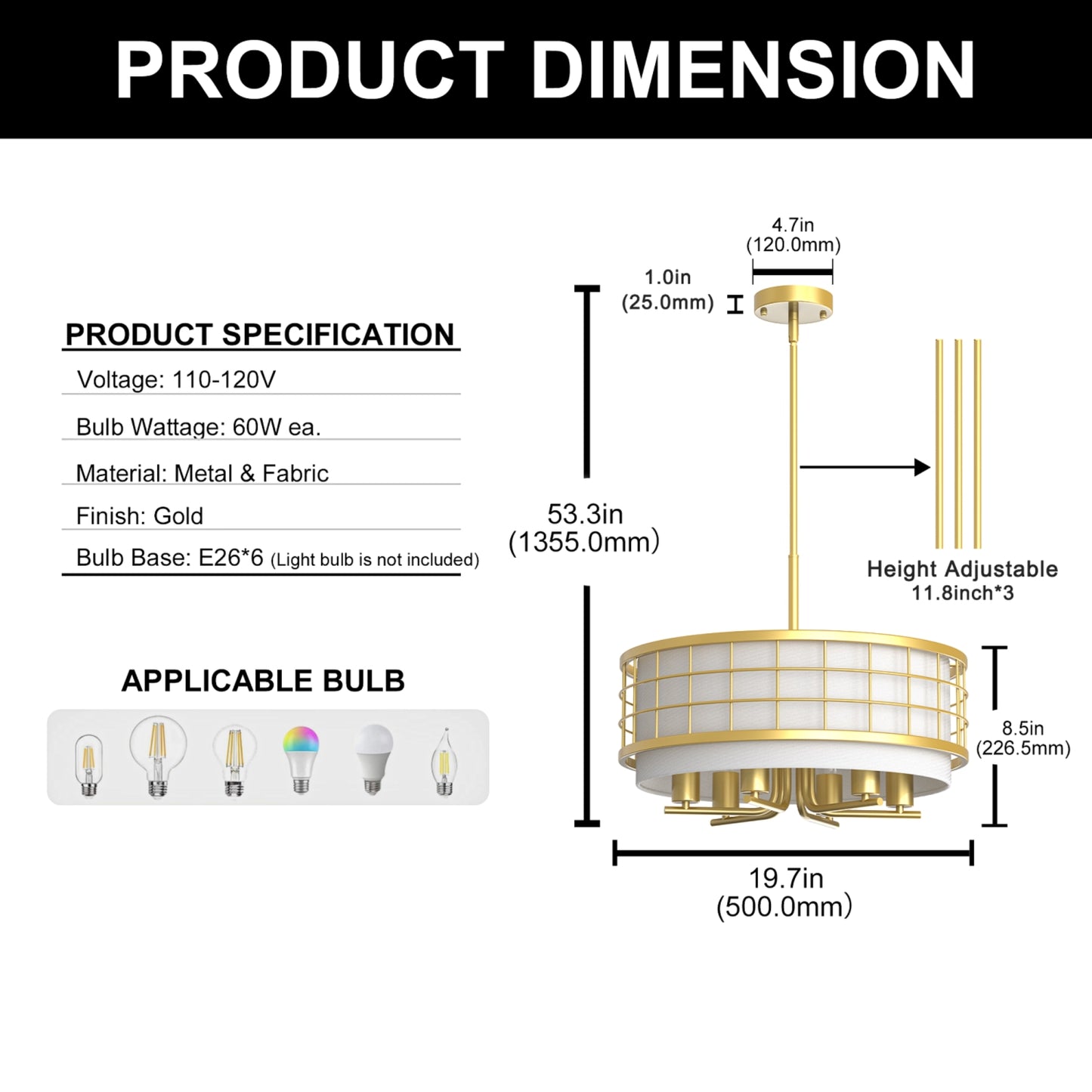 YANSUN 6-Light Drum Chandelier with Linen Shades, Champagne Gold Finish, 19.7-Inch Diameter, Adjustable Hanging Rods