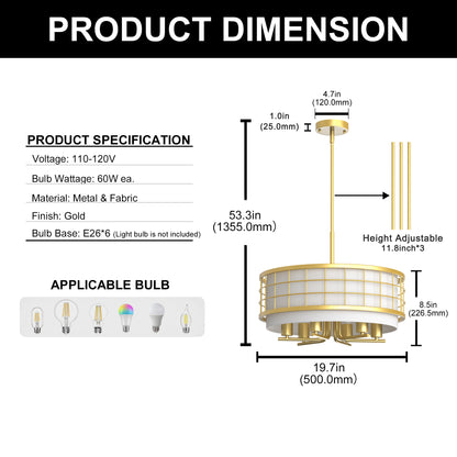 6-Light Champagne Gold Drum Chandelier with Linen Shades, Adjustable Rods, E26 Bulbs, Traditional Ceiling Lighting