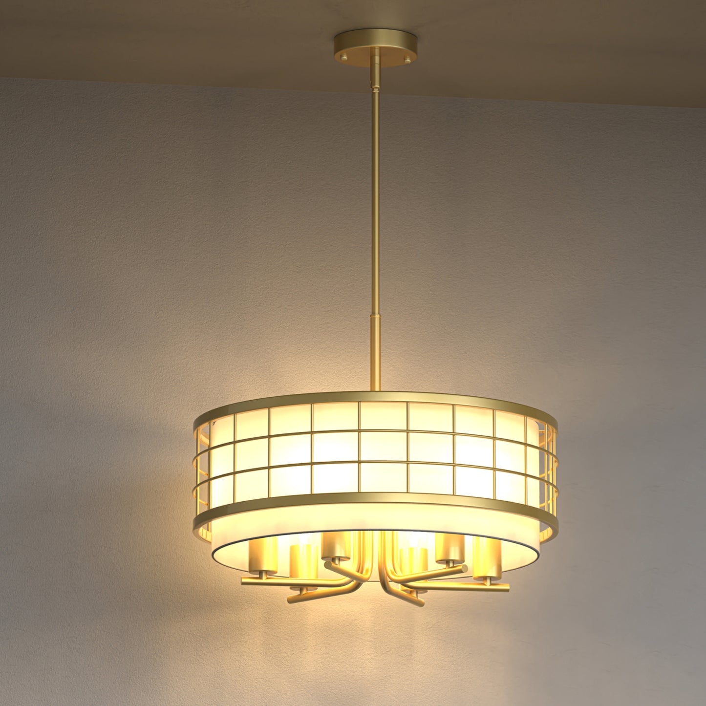 YANSUN 6-Light Drum Chandelier with Linen Shades, Champagne Gold Finish, 19.7-Inch Diameter, Adjustable Hanging Rods