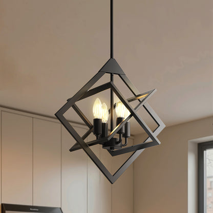 YANSUN 4-Light Geometric Square Chandelier, Matte Black Finish, 18.1-Inch Square Design, Industrial Modern Style