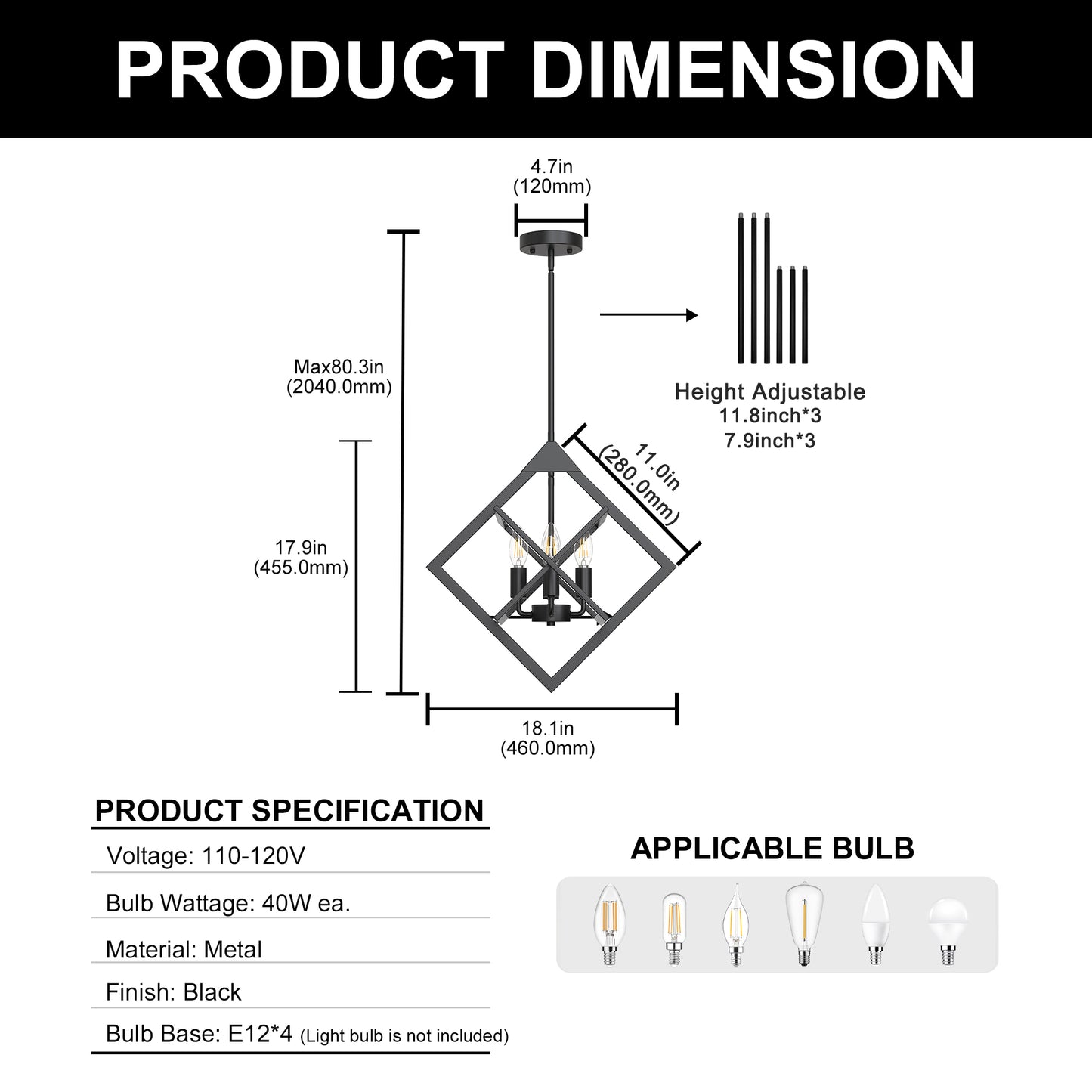YANSUN 4-Light Geometric Square Chandelier, Matte Black Finish, 18.1-Inch Square Design, Industrial Modern Style