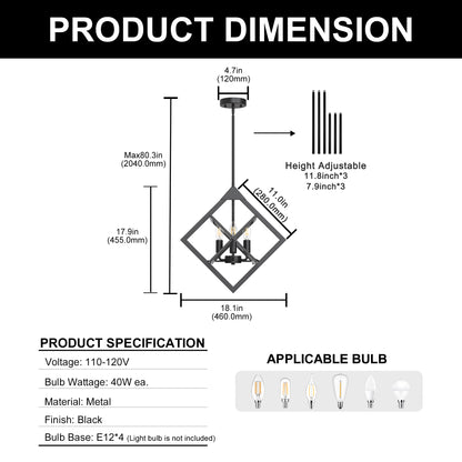 YANSUN 4-Light Geometric Square Chandelier, Matte Black Finish, 18.1-Inch Square Design, Industrial Modern Style