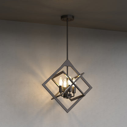 YANSUN 4-Light Geometric Square Chandelier, Matte Black Finish, 18.1-Inch Square Design, Industrial Modern Style