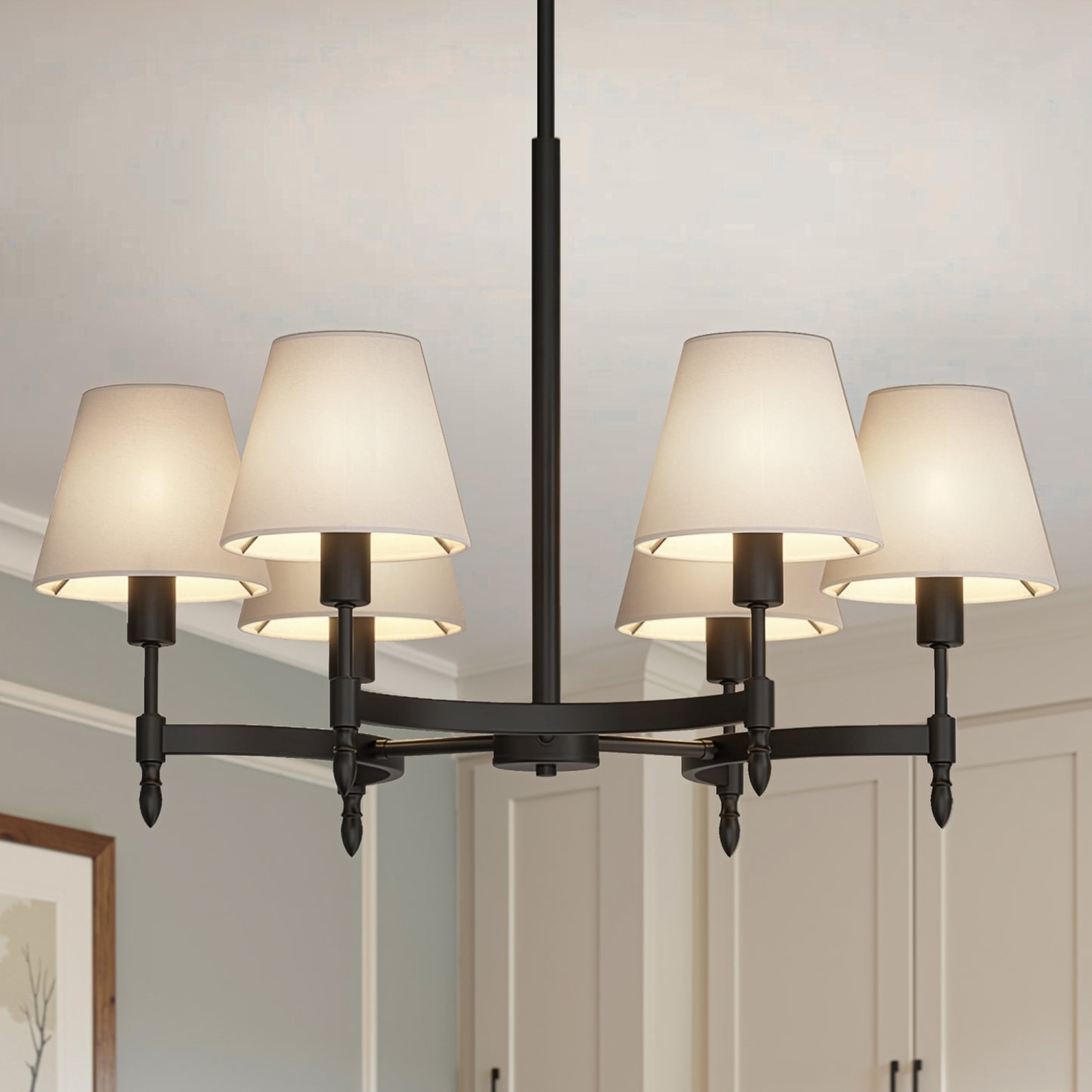 YANSUN 6-Light Twisted Tube Chandelier with Fabric Shades, Matte Black Finish, 26.8-Inch Diameter, Industrial Design