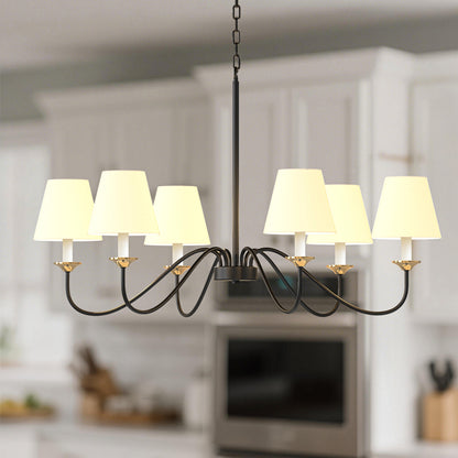 YANSUN 6-Light Drum Chandelier with Linen Shades, Black & Brushed Copper Finish, 36.7-Inch Diameter, 85-Inch Height, ETL