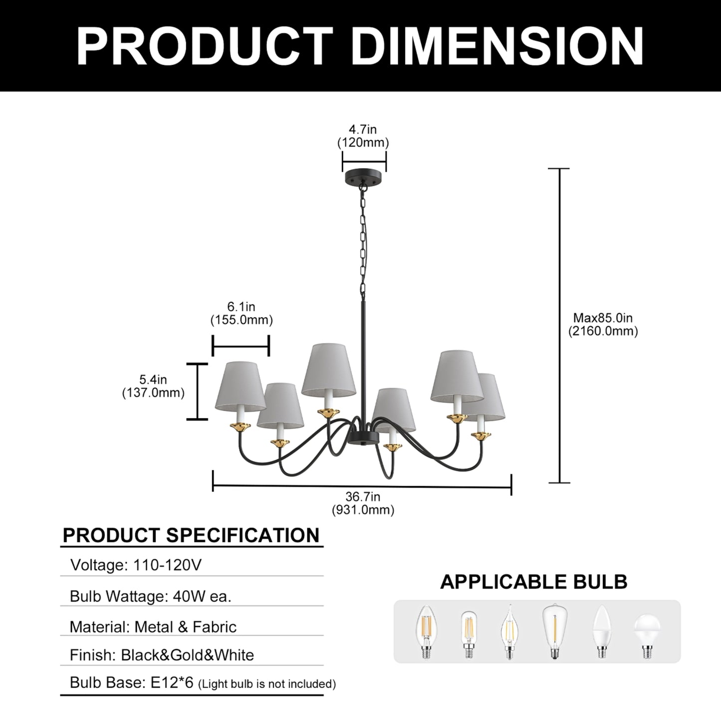 YANSUN 6-Light Drum Chandelier with Linen Shades, Black & Brushed Copper Finish, 36.7-Inch Diameter, 85-Inch Height, ETL