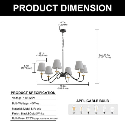 YANSUN 6-Light Drum Chandelier with Linen Shades, Black & Brushed Copper Finish, 36.7-Inch Diameter, 85-Inch Height, ETL