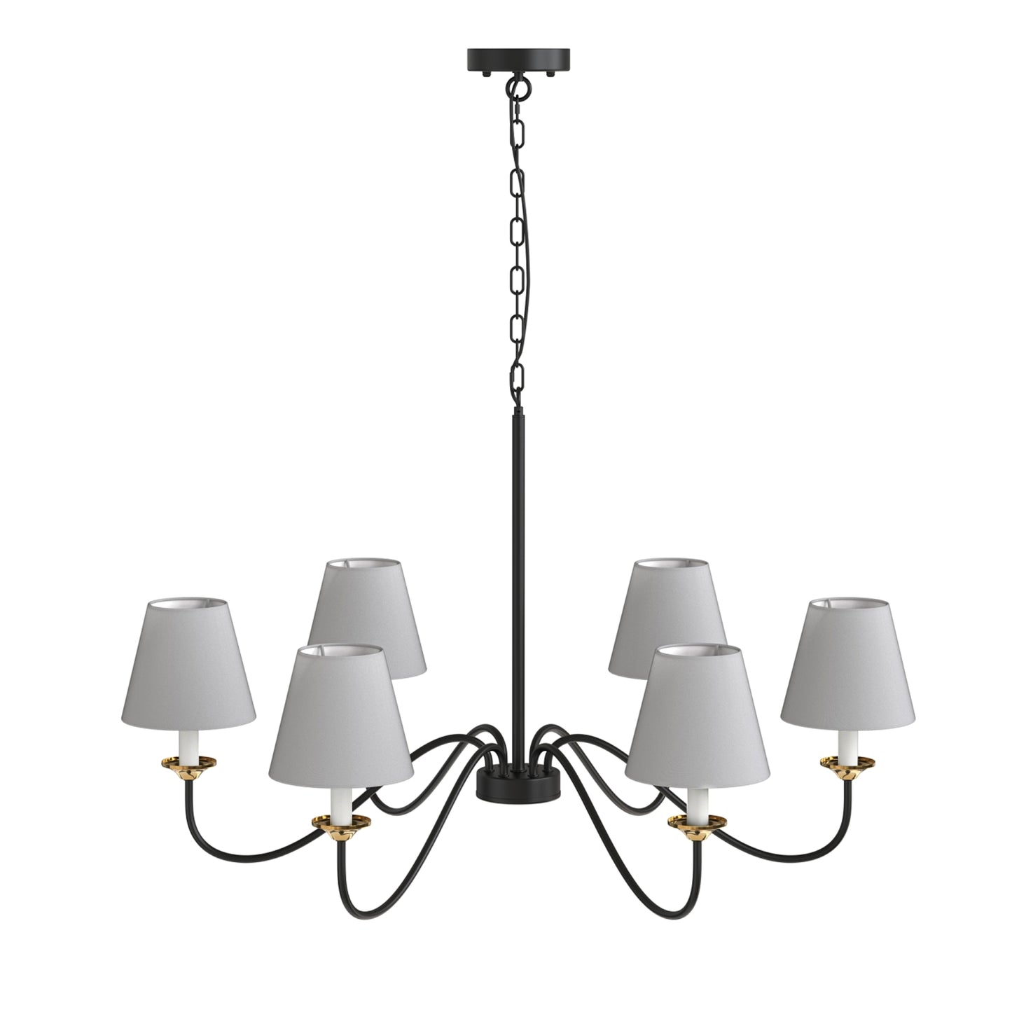 YANSUN 6-Light Drum Chandelier with Linen Shades, Black & Brushed Copper Finish, 36.7-Inch Diameter, 85-Inch Height, ETL