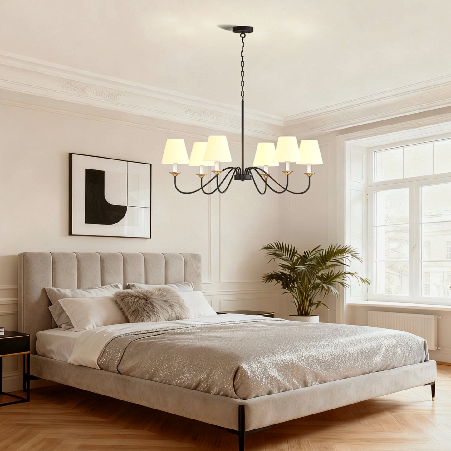 YANSUN 6-Light Drum Chandelier with Linen Shades, Black & Brushed Copper Finish, 36.7-Inch Diameter, 85-Inch Height, ETL