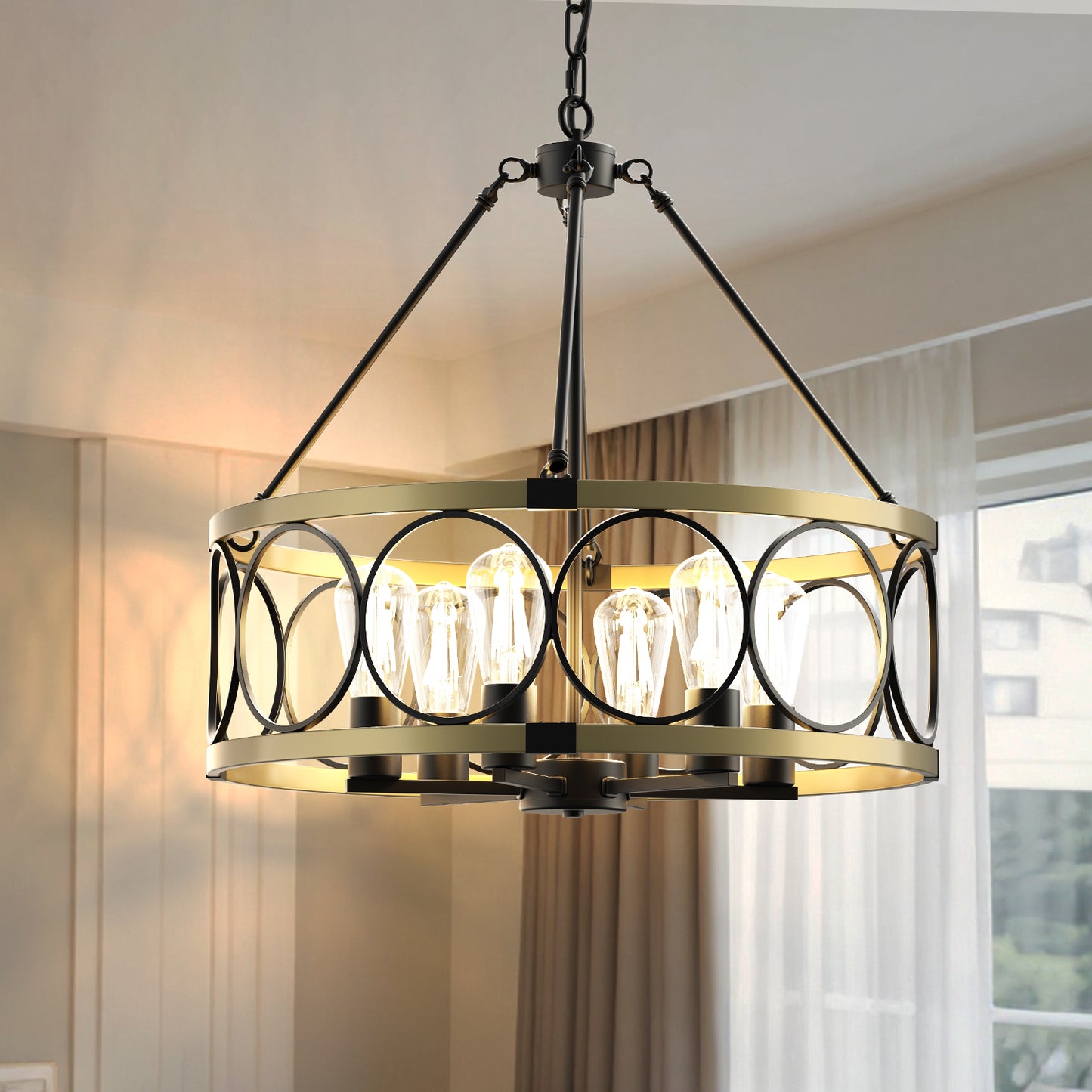 YANSUN 6 Light Ring Matte Black and Gold Chandelier with Drum Metal Shade and 51.2 in. Chain, No Bulbs Included for Kitchen