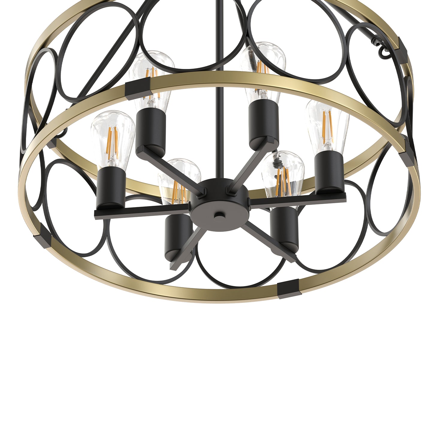 YANSUN 6 Light Ring Matte Black and Gold Chandelier with Drum Metal Shade and 51.2 in. Chain, No Bulbs Included for Kitchen